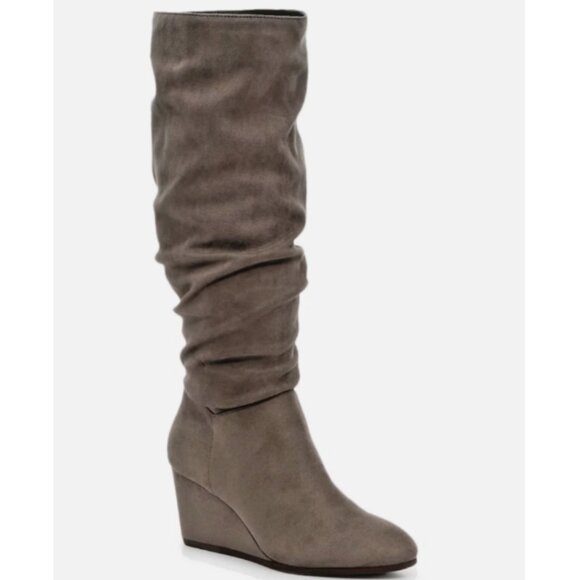 Kelly & Katie Shoes - Kelly & Katie Maverique Wedge Dark Taupe Stretch Microsuede Slouch Boots